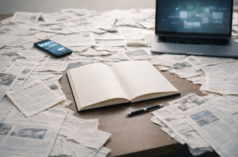 Cuadereno abierto en medio de recortes de periodico y pantallas