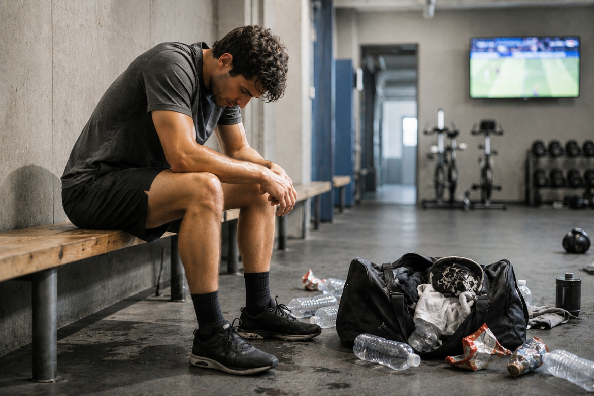 Deportista cansado sentado en un vestuario de gimnasio rodeado de botellas vacías y envoltorios de comida.