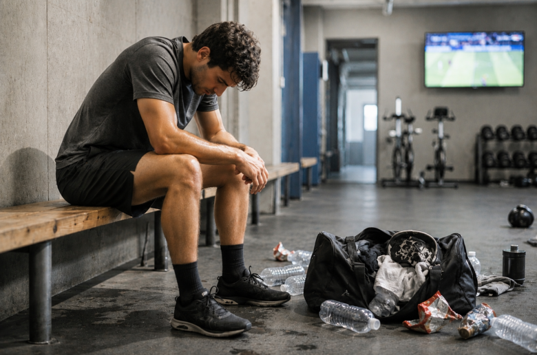 Deportista cansado sentado en un vestuario de gimnasio rodeado de botellas vacías y envoltorios de comida.