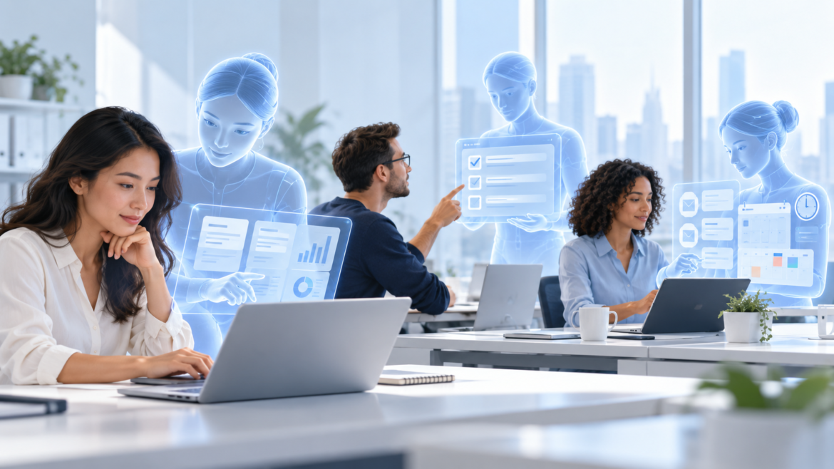 Personas trabajando junto a agentes de inteligencia artificial en un entorno profesional