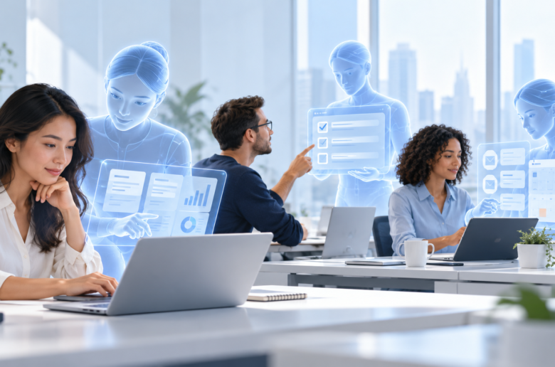 Personas trabajando junto a agentes de inteligencia artificial en un entorno profesional