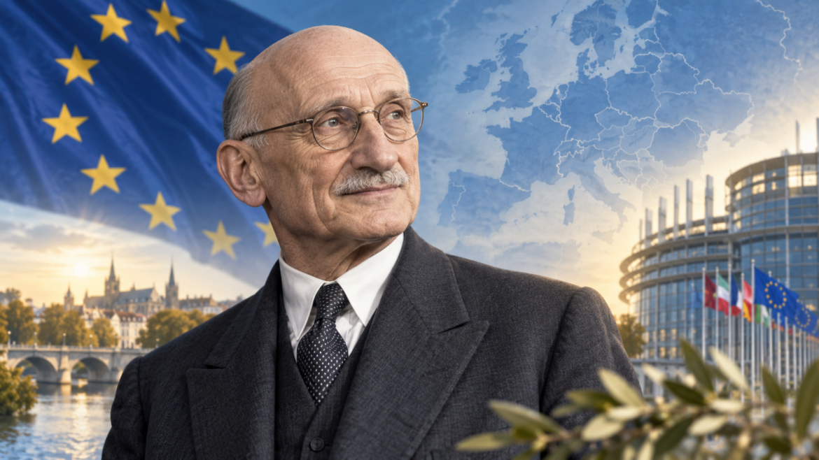 Ilustración de Robert Schuman, uno de los padres de la Unión Europea, con la bandera europea, un mapa de Europa y el Parlamento Europeo al fondo.