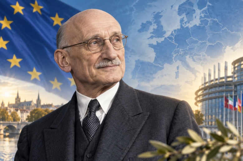 Ilustración de Robert Schuman, uno de los padres de la Unión Europea, con la bandera europea, un mapa de Europa y el Parlamento Europeo al fondo.